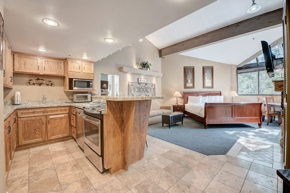 Kitchen / Living Area with King Bed and Sleeper Sofa