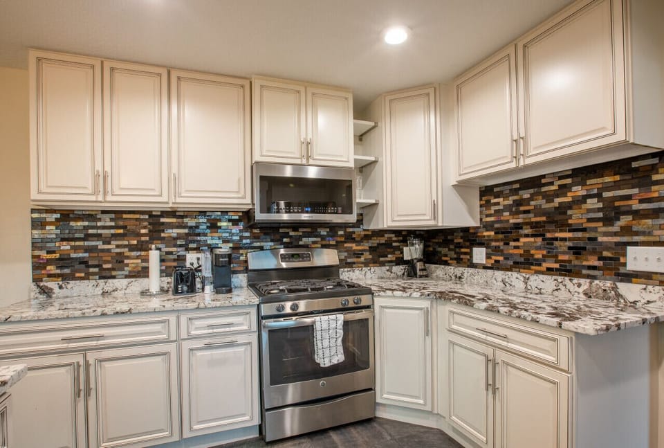Fully equipped kitchen with marble counter tops