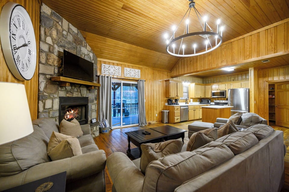 The comfortable living room features a gas fireplace perfect for relaxing evenings.