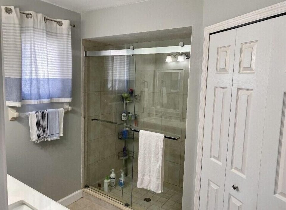 Primary en-suite bathroom with shower and walk-in closet
