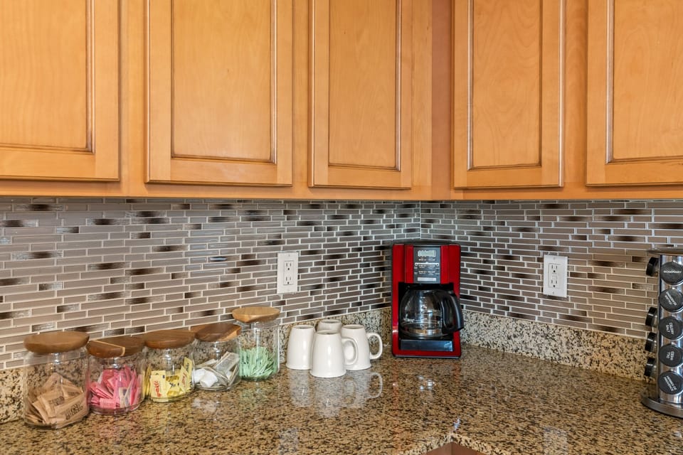 Granite Counters top with Coffee station (regular drip coffee pot & Keurig).