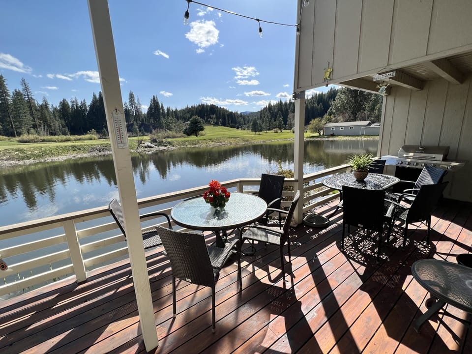 Deck overlooking pond on main floor