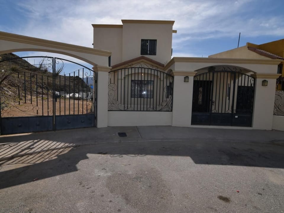 See the front entrance and parking area at Casa Portobello in San Felipe Baja California Mexico — easy access and secure parking.