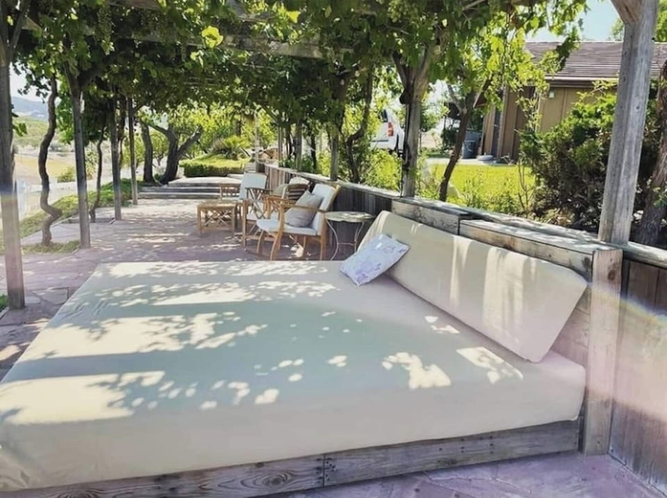 Daybed under the grape arbor. Favorite spot all day long!