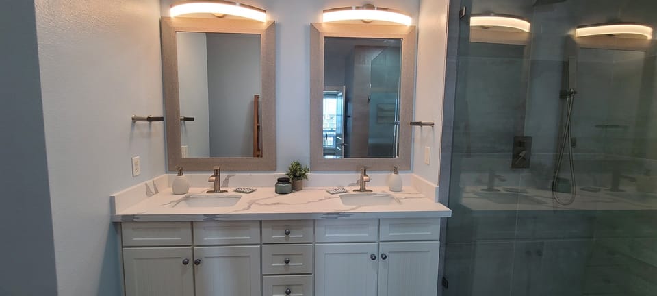 Double sink in bathroom.
