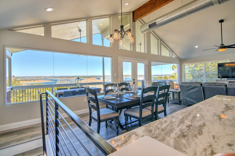 Check out the view from the kitchen, you can see all the way across the lake. 