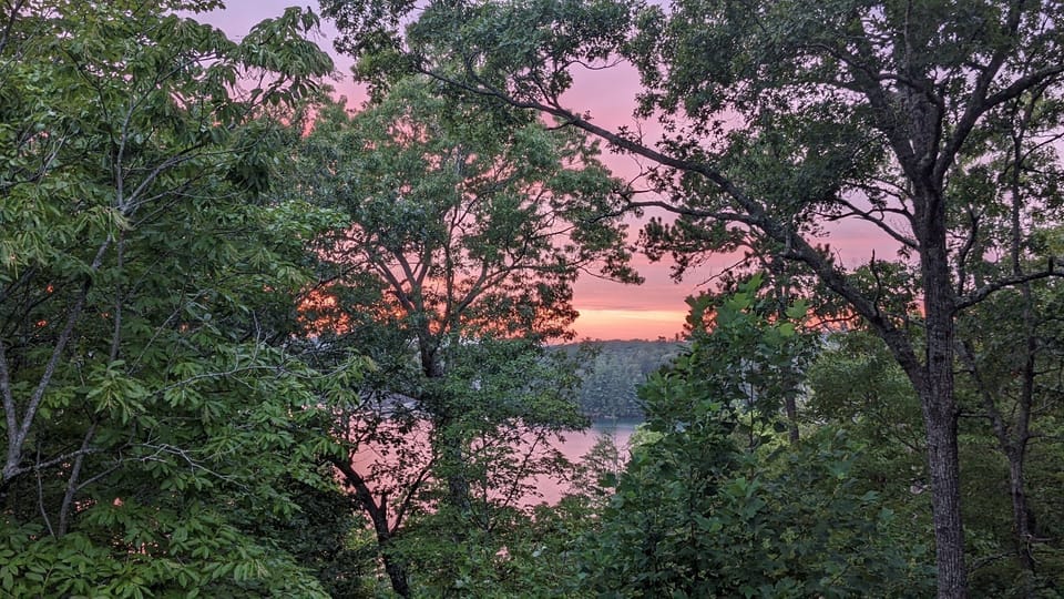 Breathtaking sunset overlooking the lake and mountains
