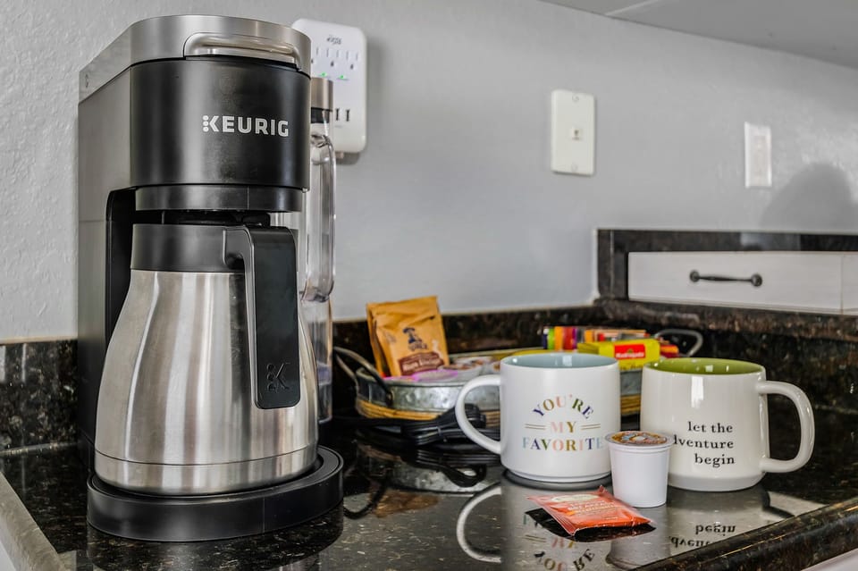 Enjoy k cups or ground coffee from our Keurig machine. 