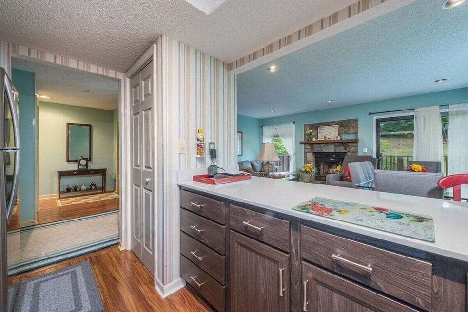 Kitchen overlooks living area