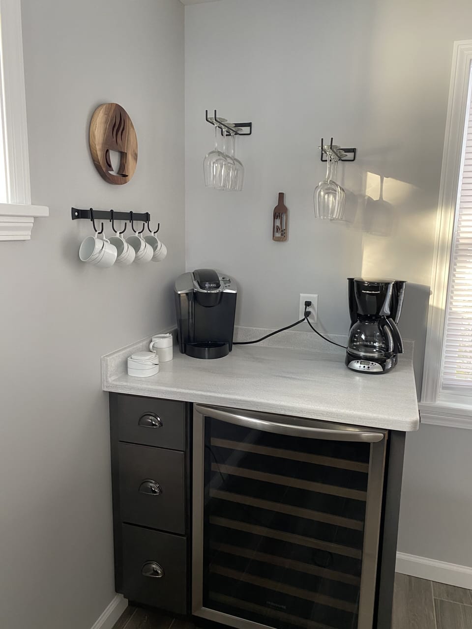 Wine fridge and coffee station. 12 cup coffee maker and Keurig. 