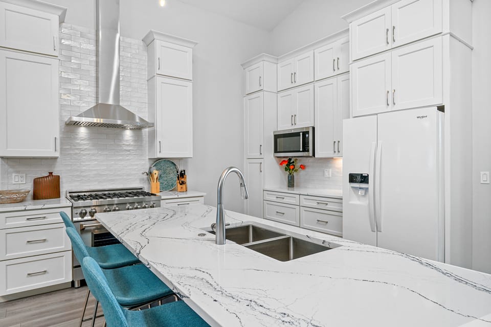 Island Seating, Gas Range, and Fully Stocked Kitchen