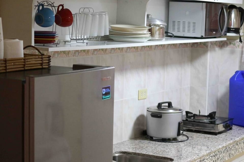 Kitchen has fridge, microwave, kettle, rice cooker & stove. BBQ at smallbackyard