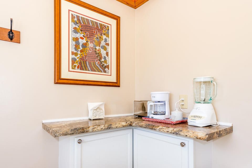 Kitchen has a coffee pot, supplied coffee, a blender, ketchup, olive oil & more