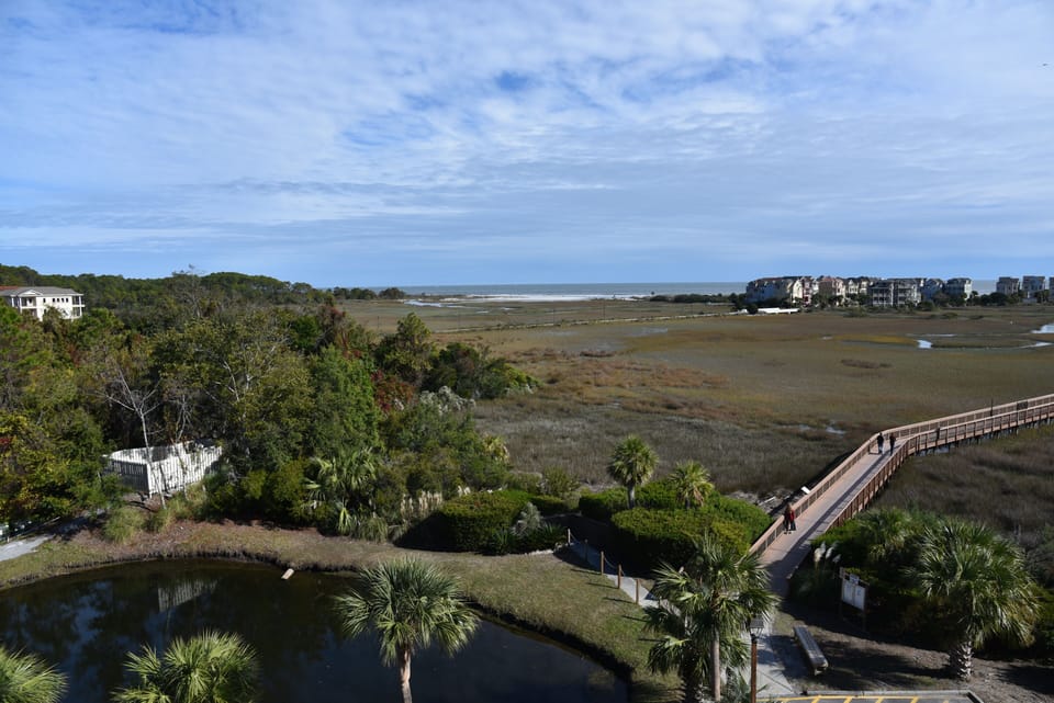 view from balcony showing boardwalk and lagoon just below 
