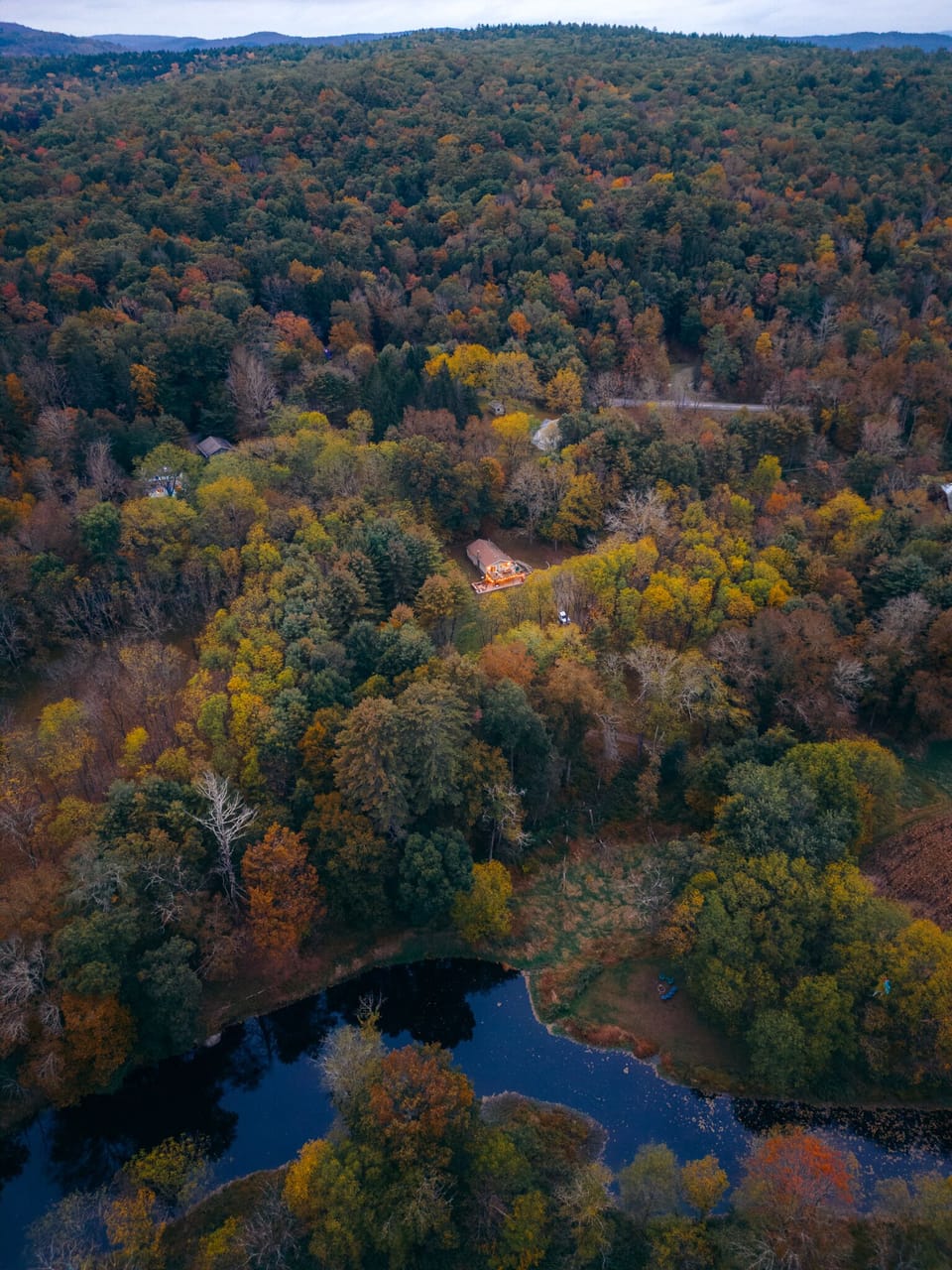 Birdseye view of our home nestled in the trees above the pond. Lots of privacy!