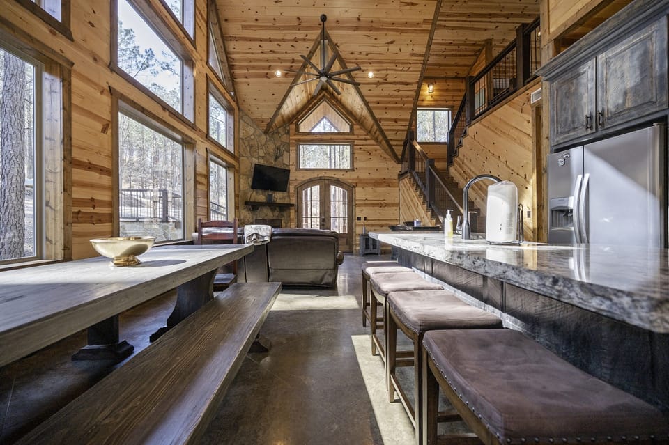 Rustic style dining with benches