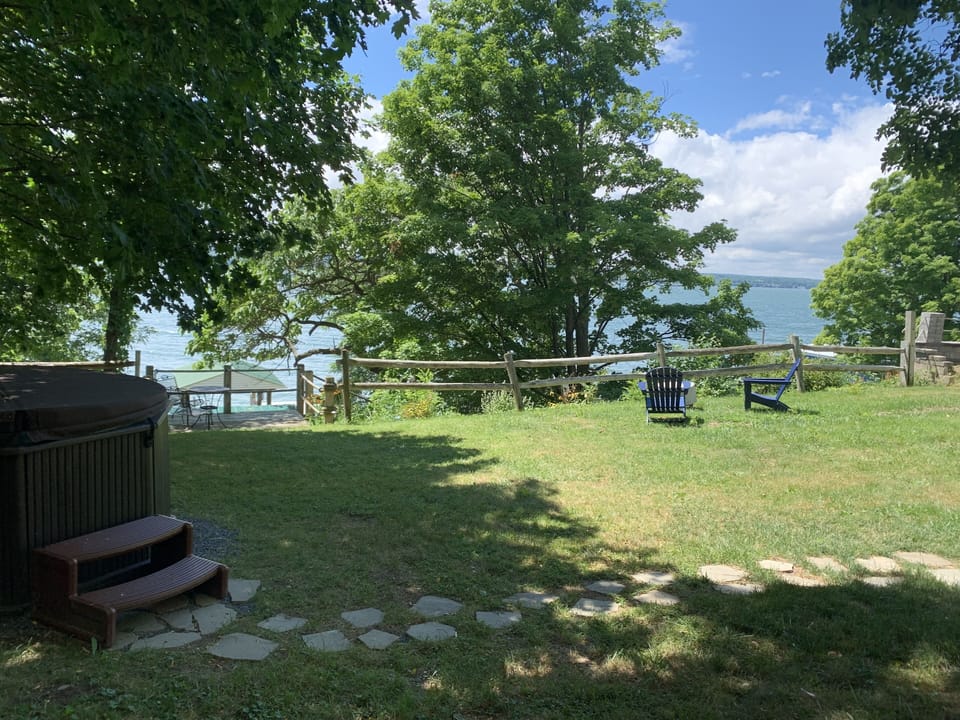 Front yard, hot tub on the left