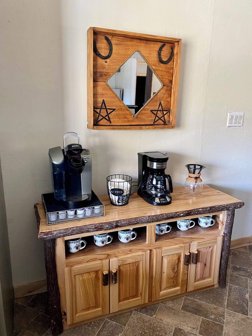Coffee bar include Keurig, 12 cup coffee pot and Bodum 8 cup pour over maker.