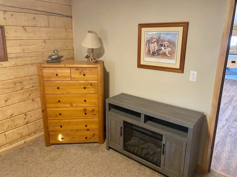 Bedroom #1 also has a dresser and electric fireplace.