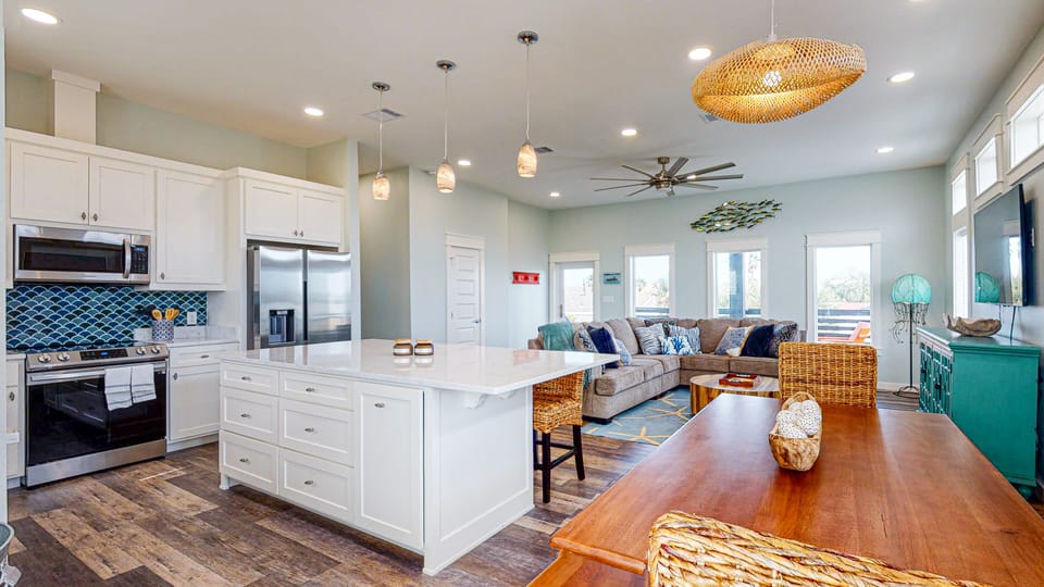 Open living, kitchen & dining area