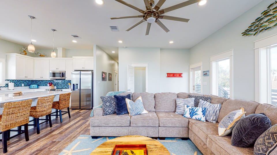 Open living, kitchen & dining area