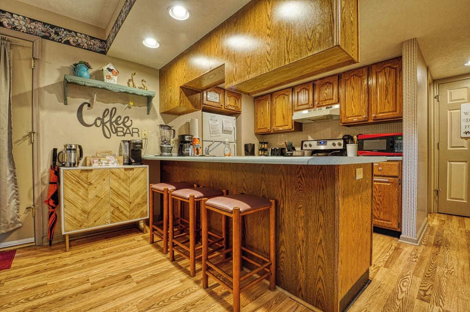 A stocked kitchen with everything you need to make a lovely meal. Or order pizza