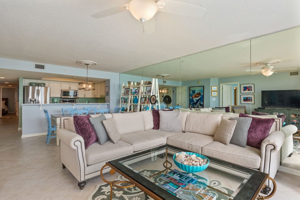 Unwind on the couch after a day at the beach.