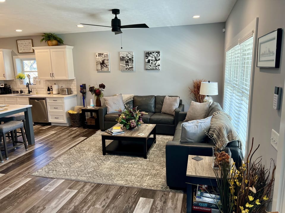 View from the front door.  Two large leather couches for seating.