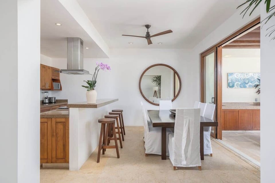 Tropical-inspired decor and beachy vibes throughout