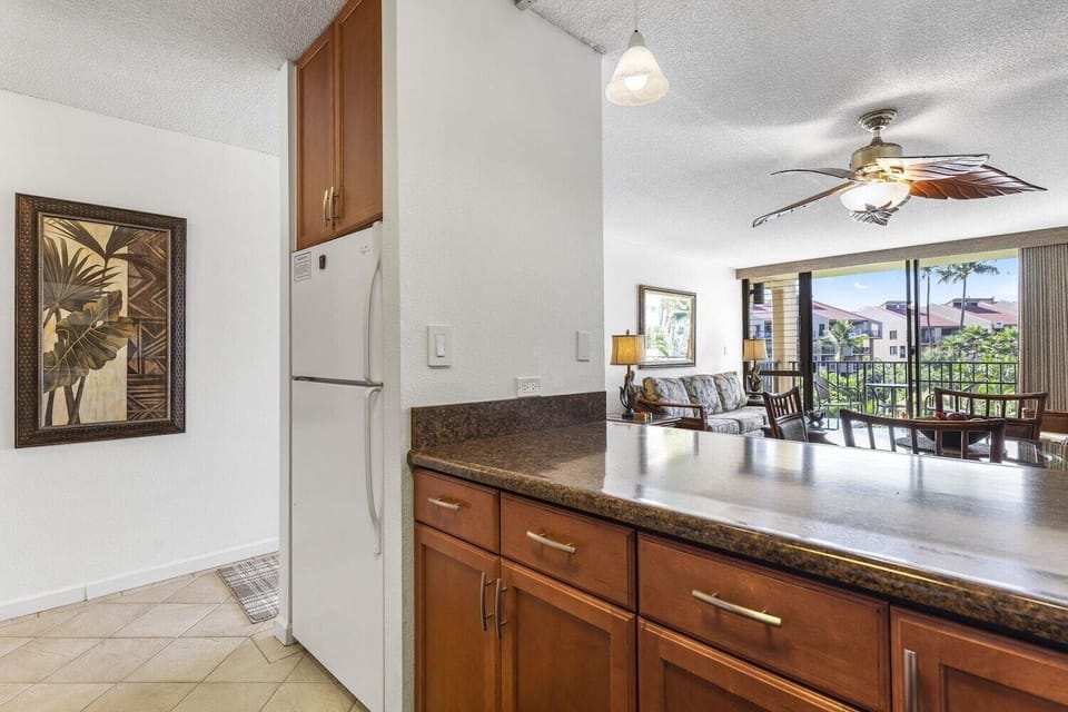 Great kitchen for entertaining, queen sofa bed in the living room