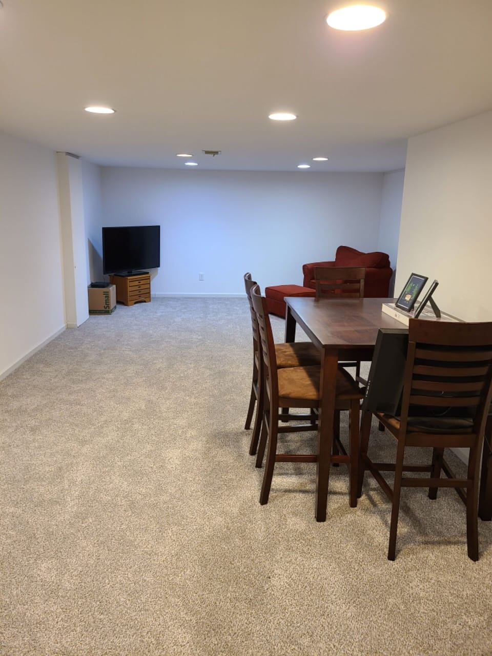 Finished basement with room for an air mattress which is provided at request