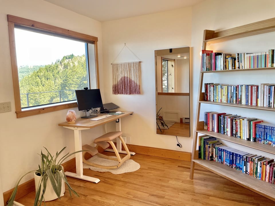 Master bedroom office area with Mirror home gym and home library