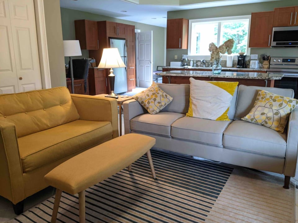 Have a friend with you?  Loveseat converts to a twin bed. 
