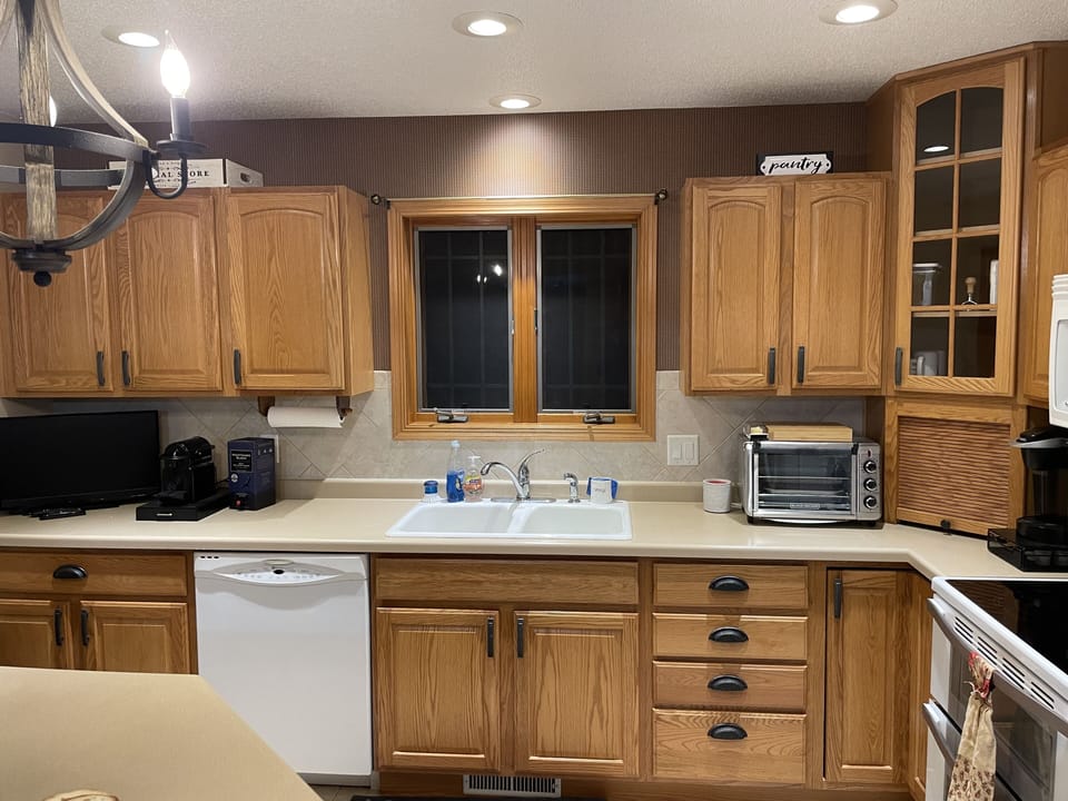 Kitchen with center island.  Right off of the back deck area