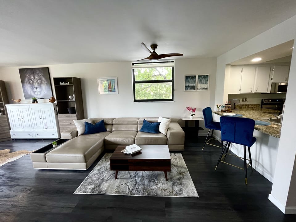 Living Room with leather sectional couch