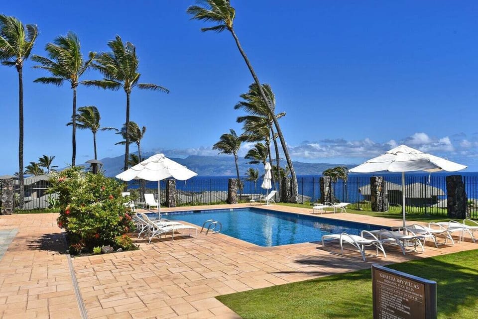Infinity-style resort pool overlooking the Pacific Ocean, offering breathtaking views framed by palm trees and blue skies.