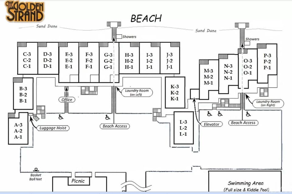 Resort map showing beach access, pool, parking, office, and amenities.