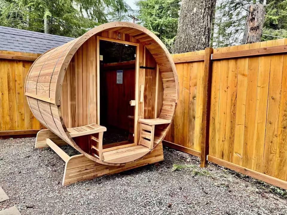 Private cedar barrel sauna for ultimate relaxation