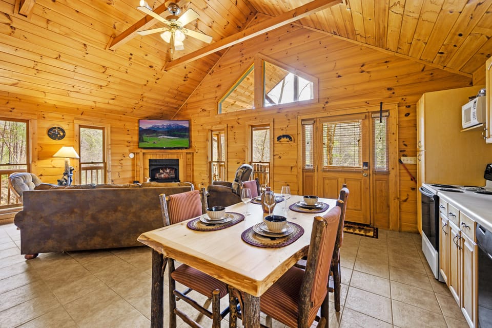 View from kitchen and dining area into living room