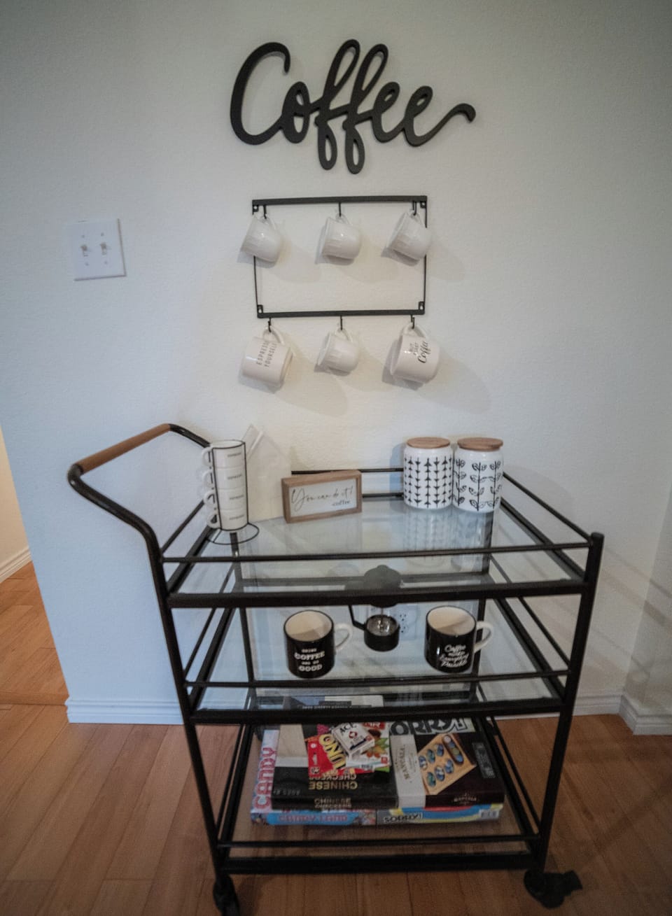 Board Games & Coffee Bar w/ all the fixings - drip pot + french press included 