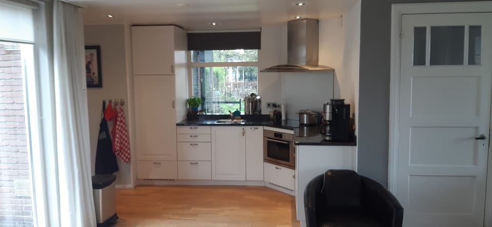 moderne open keuken met inductiekookplaat, koelkast en ladenblokken