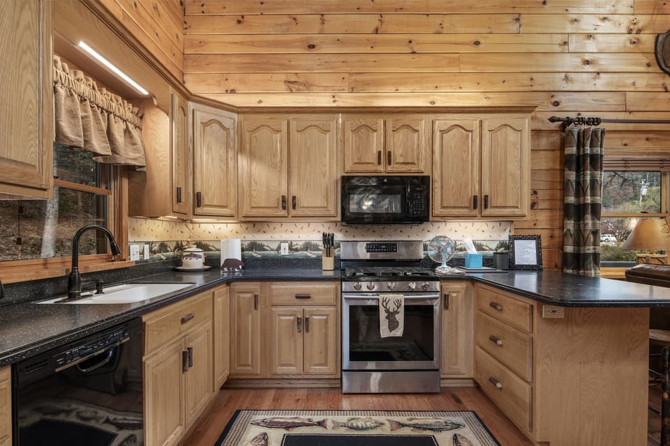 Kitchen with gas stove.