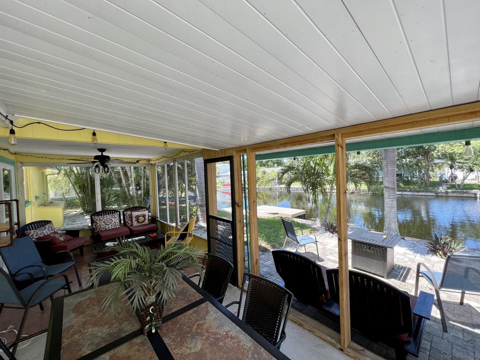 You can keep an eye on your fishing pole while having breakfast on the patio. .