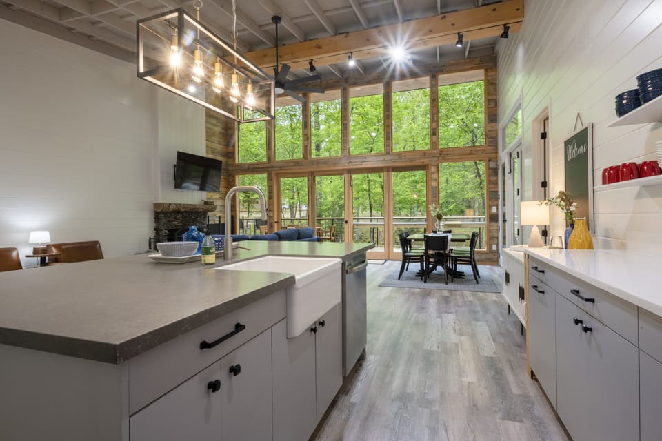 Kitchen Quartz Island and Farm Sink.