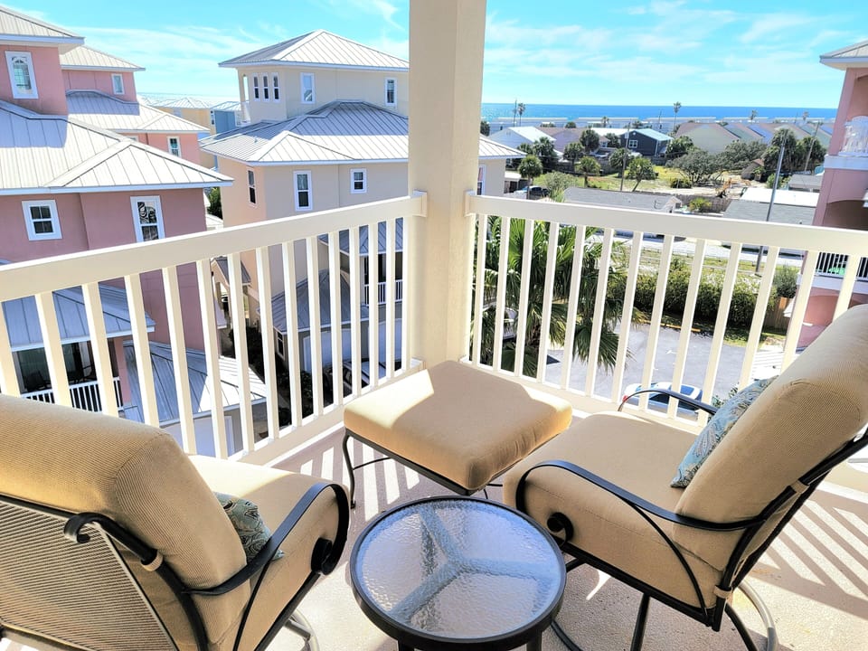 Outdoor seating and views on top balcony