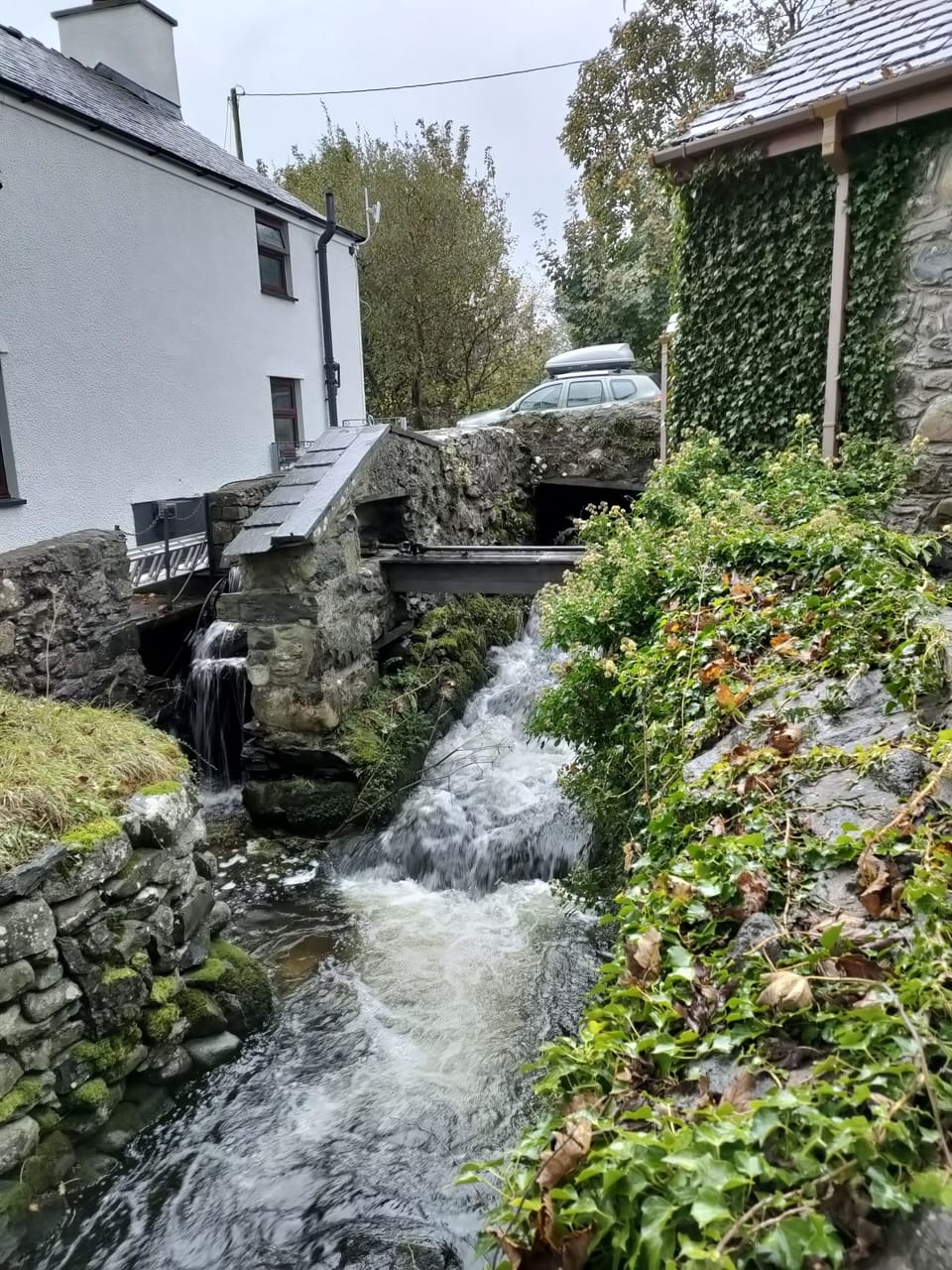 Stream and waterwheel run through the property.