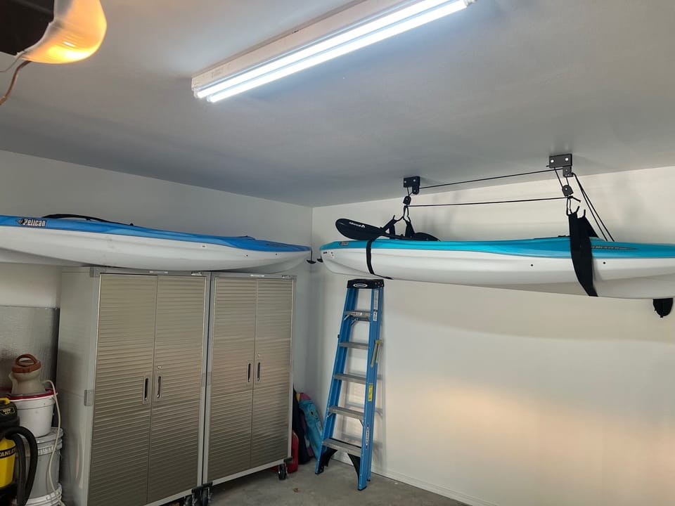 Garage has 2 kayaks available for use at no extra cost.  Must wear life jackets