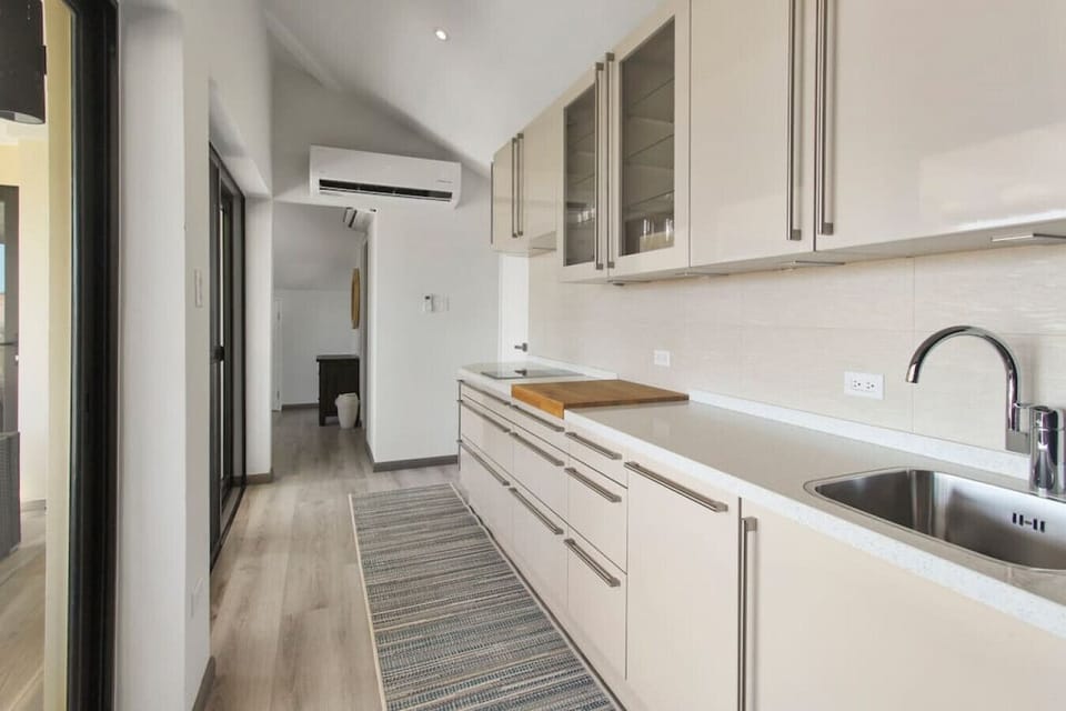 Convenient secondary prep kitchen featuring sleek cabinets, extra counter space, an additional sink, and direct terrace access.