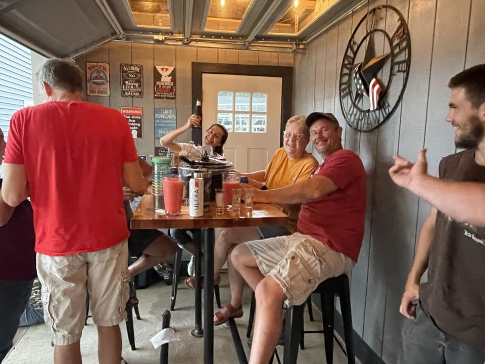 Enjoying time with family and friends in the garage area