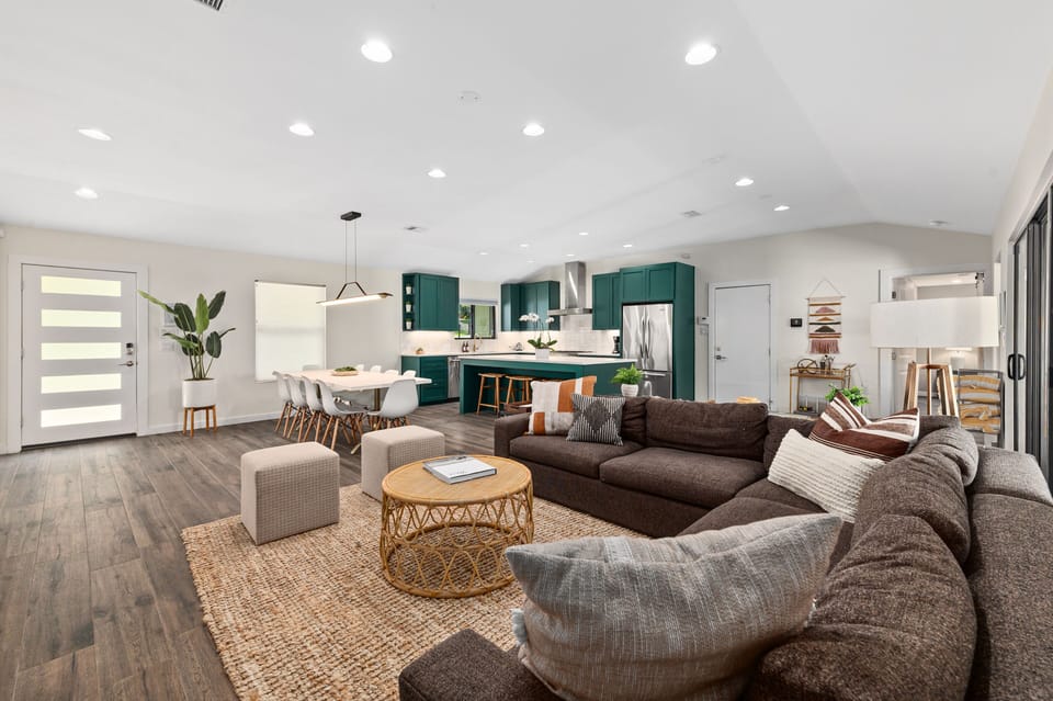 Living room, dining room and kitchen
